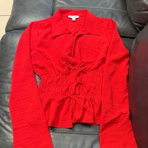 Persaya Red Long Sleeve Ruched Peplum Top